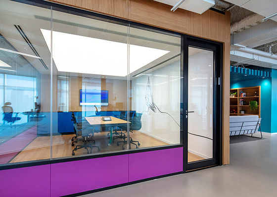 Full glass partition system with sliding door top hung sliding door full view partition system
